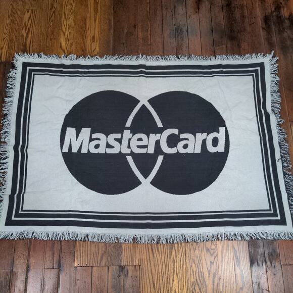 MasterCard Tapestry Blanket White Black Size 42x62 Vintage Big Logo - Picture 2 of 8